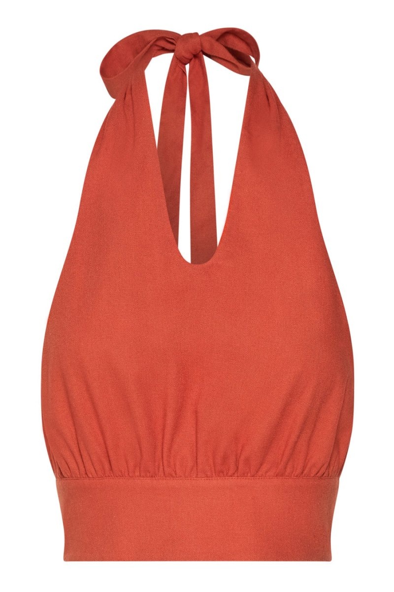 Women's Meshki Piper Halter Neck Linen Crop Tops Orange USA | P0A-5372