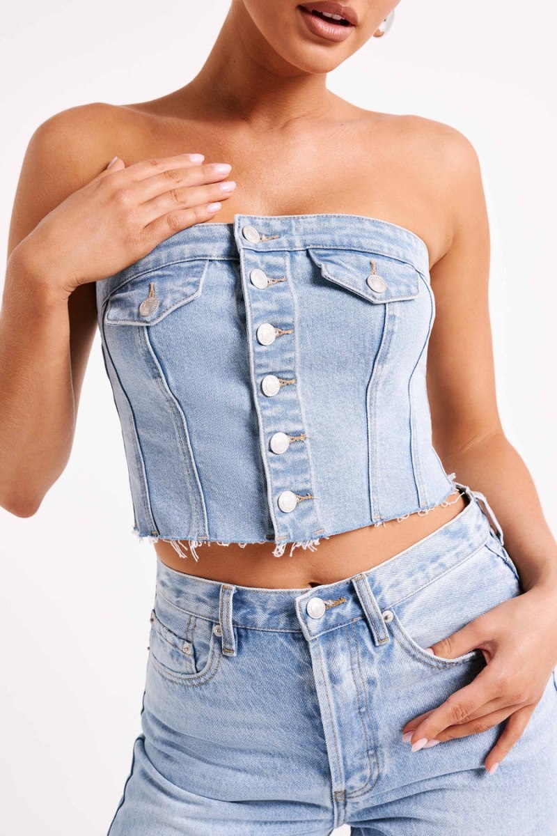 Women's Meshki Sandy Buttoned Denim Tube Tops Blue USA | Y0P-3808