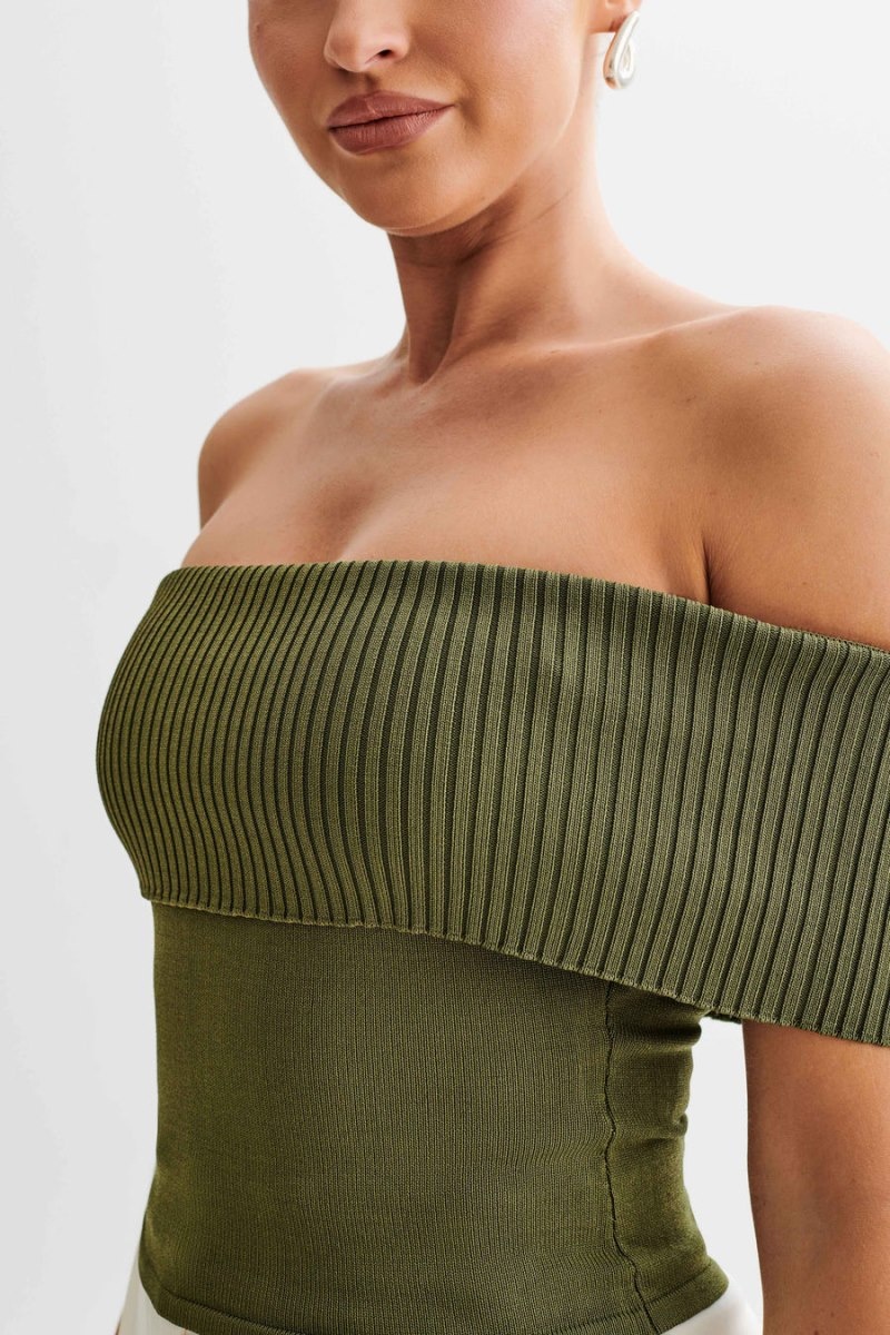 Women's Meshki Susanna Off Shoulder Knit Tops Olive USA | I0F-8213