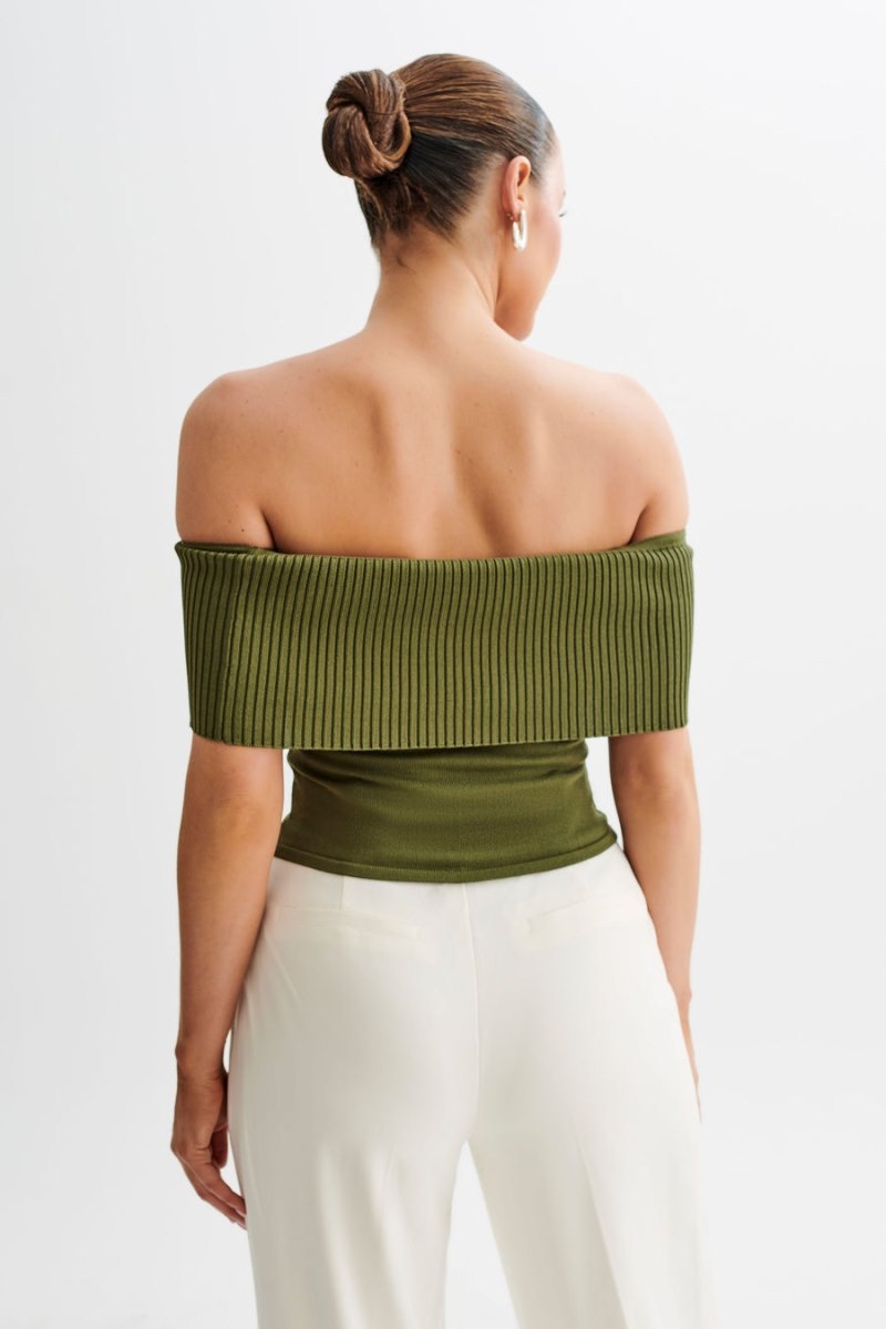 Women's Meshki Susanna Off Shoulder Knit Tops Olive USA | I0F-8213