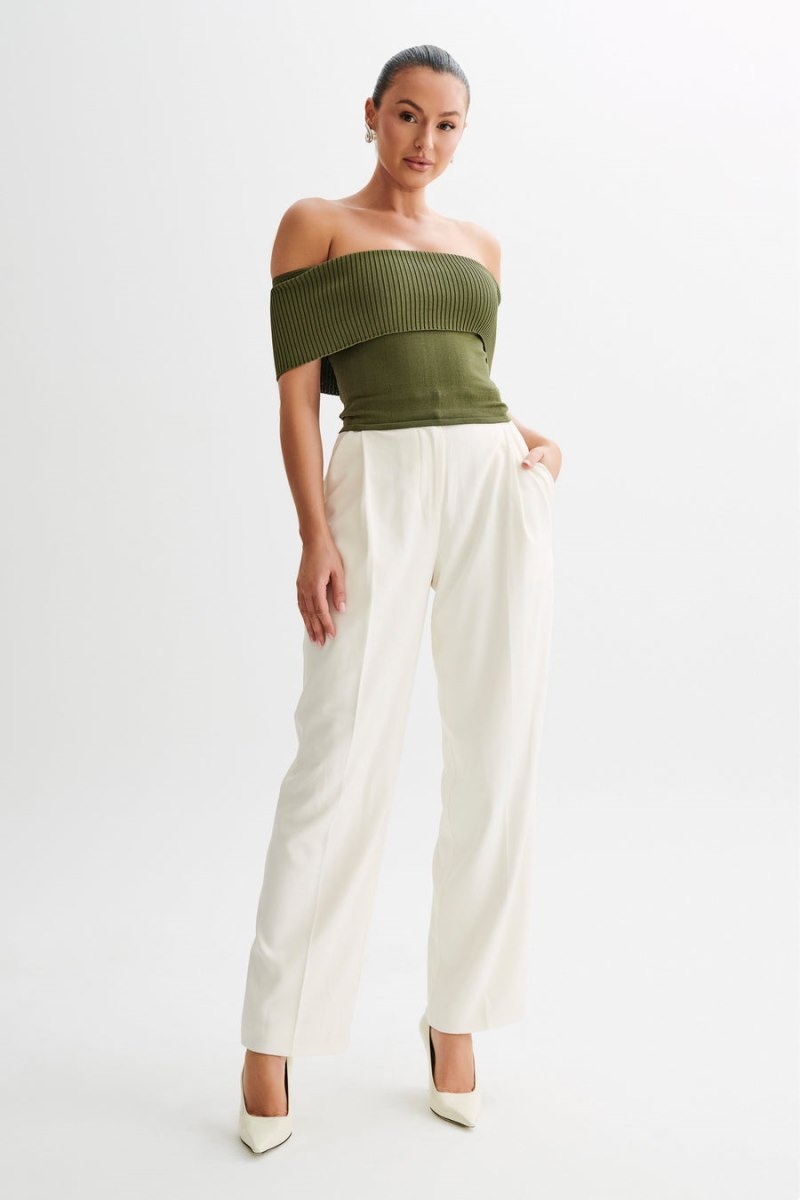 Women's Meshki Susanna Off Shoulder Knit Tops Olive USA | I0F-8213