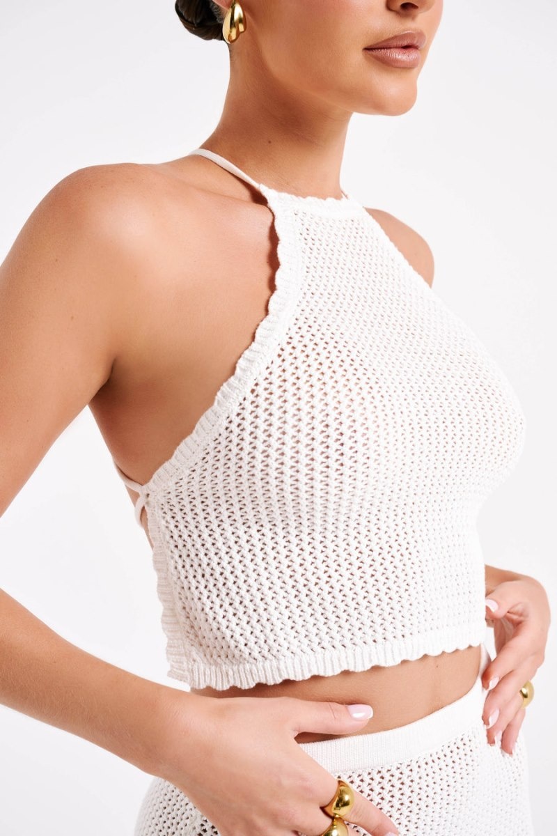 Women's Meshki Sylvana Crochet Halter Tops White USA | C2B-5143